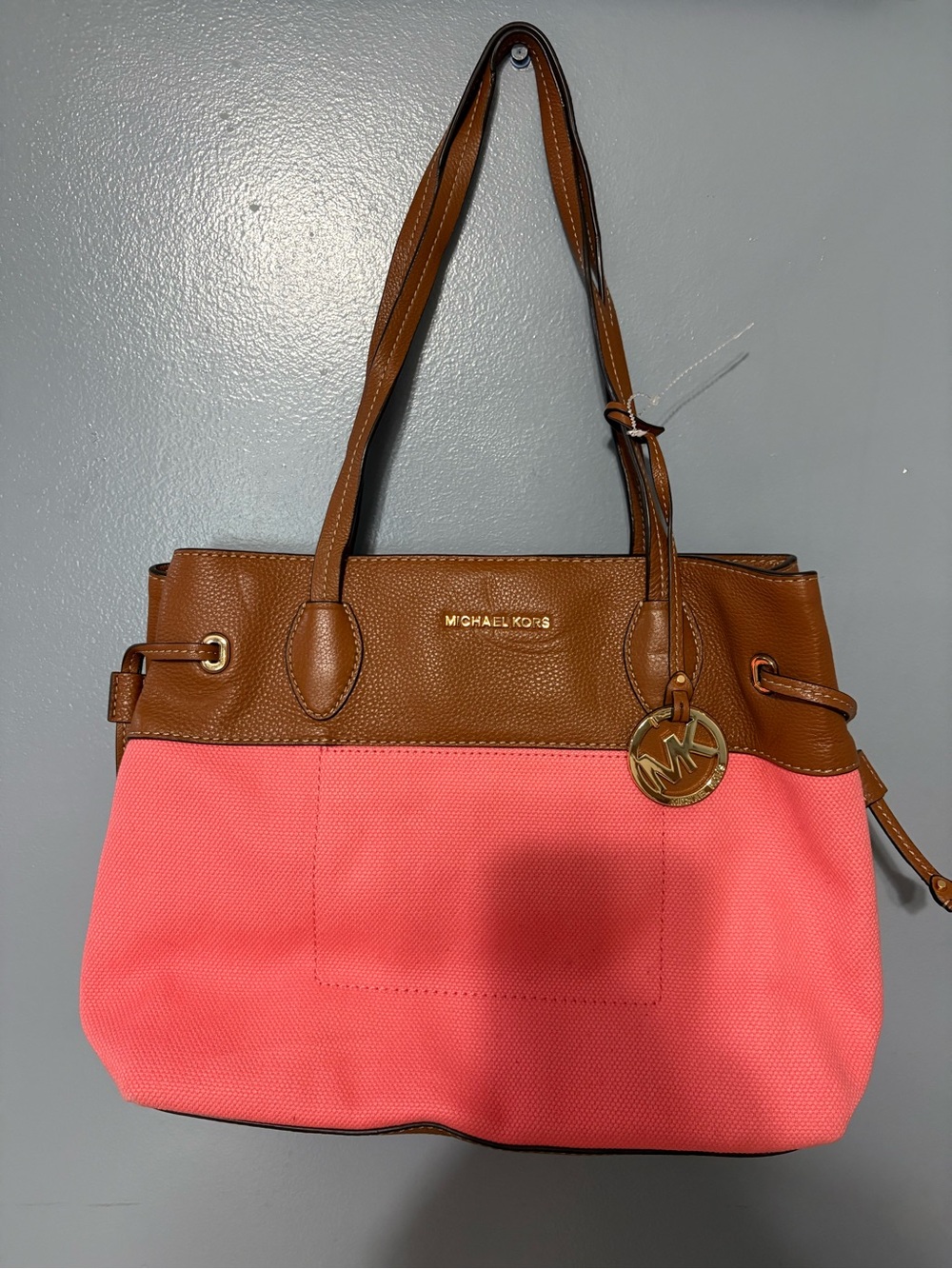 Michael Kors Coral Pink and Brown Tote with Gold MK Charm